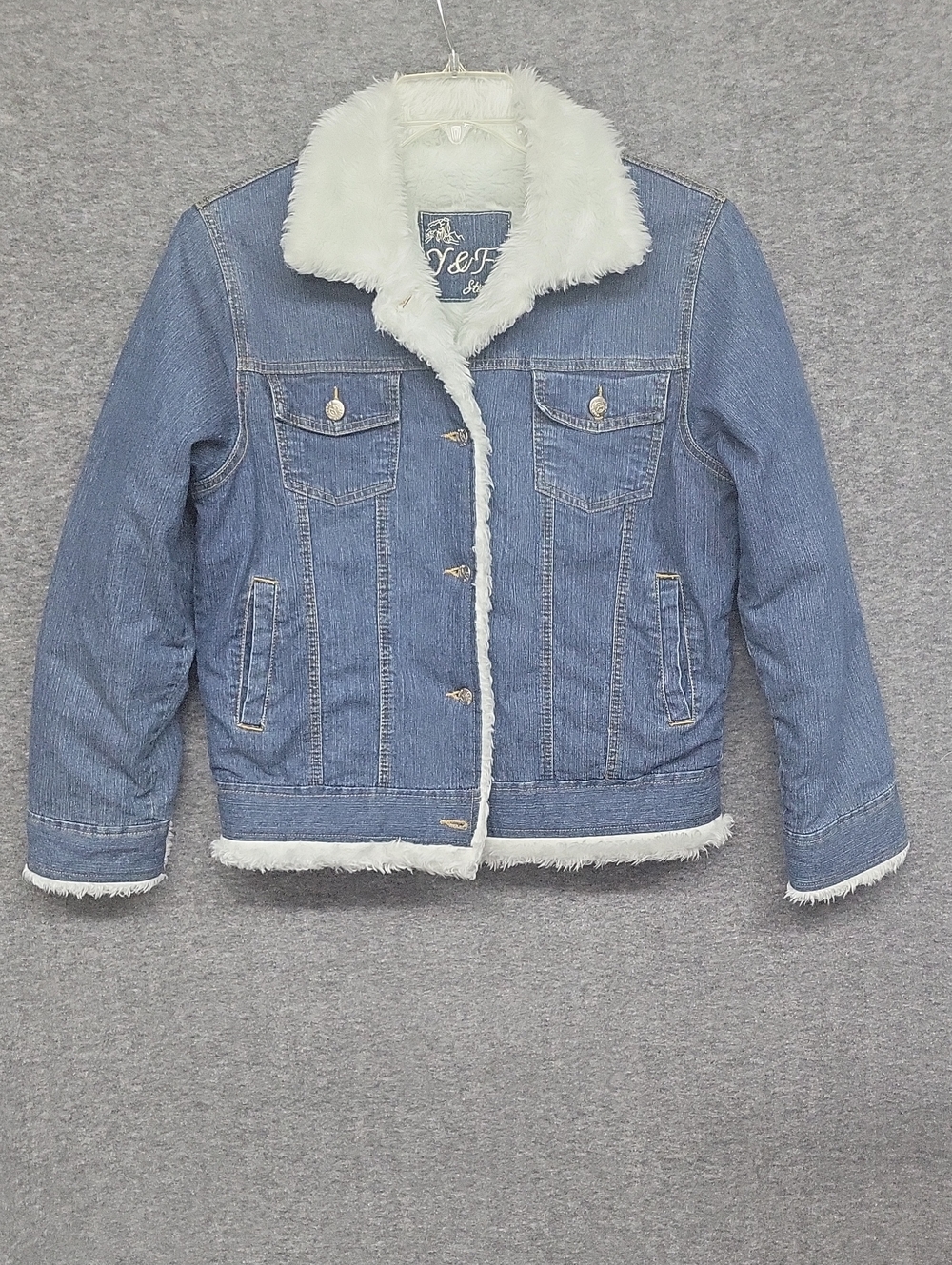 Ying Feng Blue Denim Jacket with White Faux Fur Lining And Trim Womens Size XL